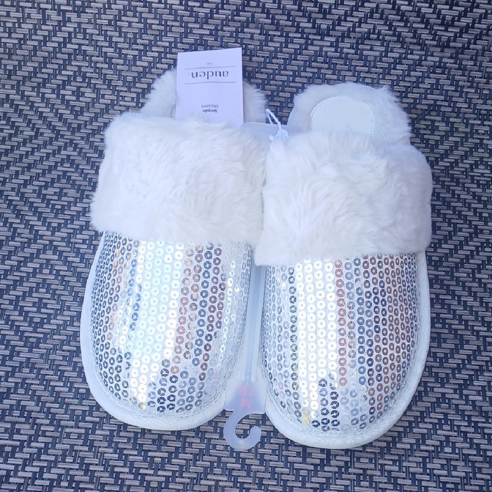Auden White Fur and Silver Sequin Slippers